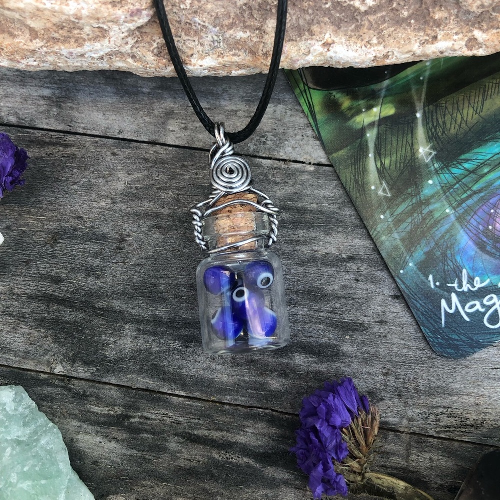 Evil Eye Protection Bottle Necklace Wire Wrapped - in Titanium Wire
